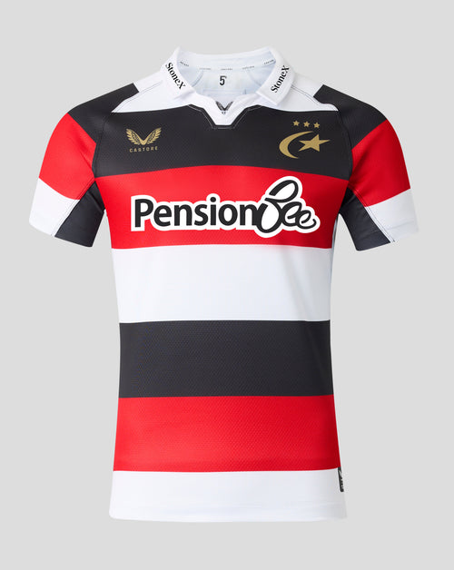 A short-sleeve rugby jersey with horizontal red, white, and black stripes, featuring the 'Pension Bee' sponsor logo across the chest, gold team crests, and a white collar with 'StoneX' branding.