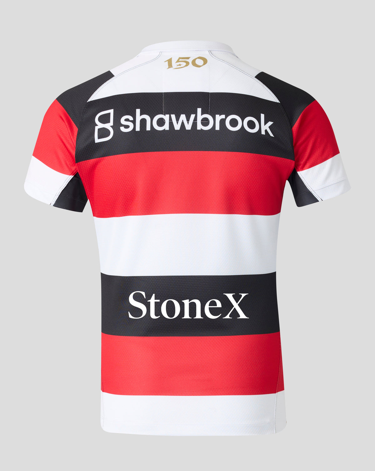 The back of a short-sleeve rugby jersey with horizontal red, white, and black stripes, featuring 'shawbrook' and 'StoneX' sponsor logos, and a gold '150' print on the collar, shown on a light gray background.