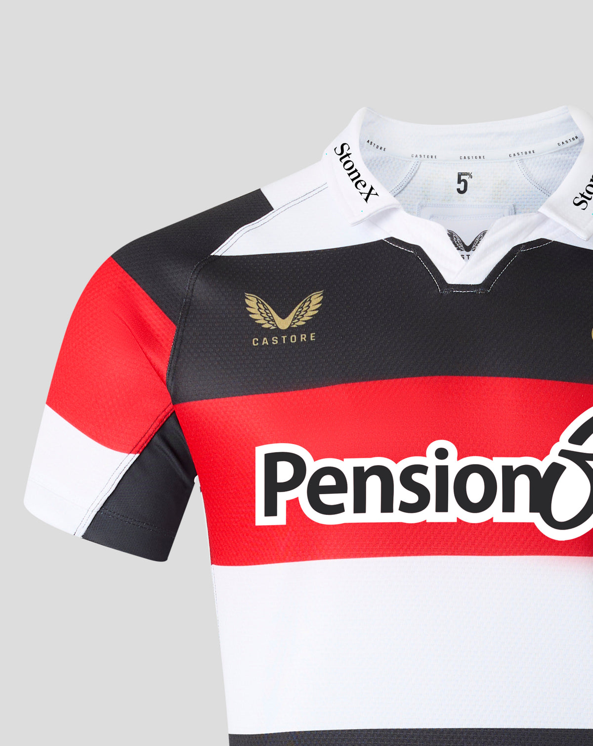 Close-up of a Castore rugby jersey with a red, black, and white horizontal stripe design, featuring the 'PensionBee' sponsor logo on the front, on a light gray background.