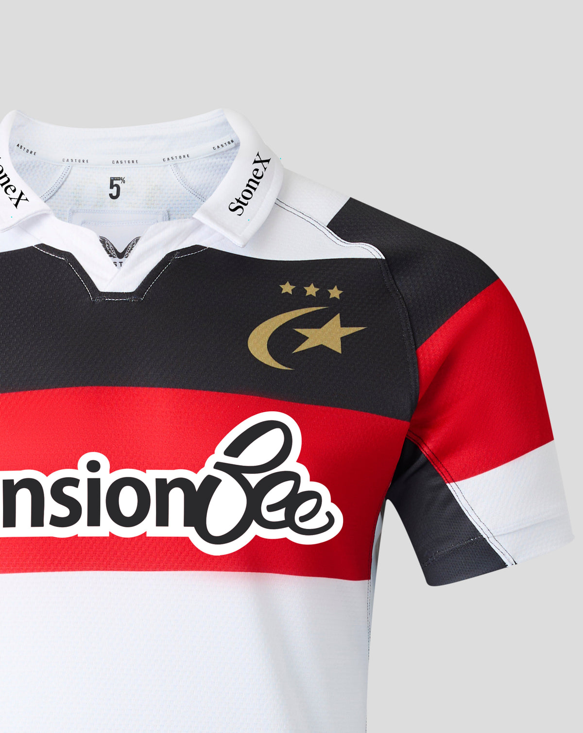 A close-up of a short-sleeve rugby jersey with a black, red, and white horizontal color-blocked design. The jersey features a gold crescent and star logo with three stars on the chest, and a large 'Pension Bee' sponsor logo across the red band.