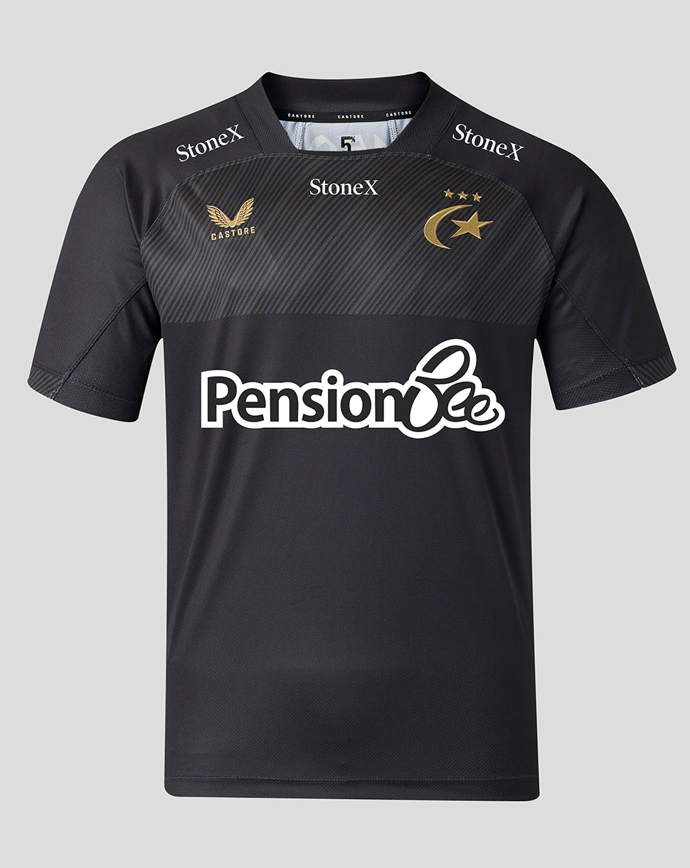 A black short-sleeve sports jersey with a subtle diagonal textured pattern across the chest. It features the white 'Pension Bee' sponsor logo across the center, 'StoneX' branding on the shoulders, and gold embroidered logos for 'Castore' and the Saracens club emblem on the chest.