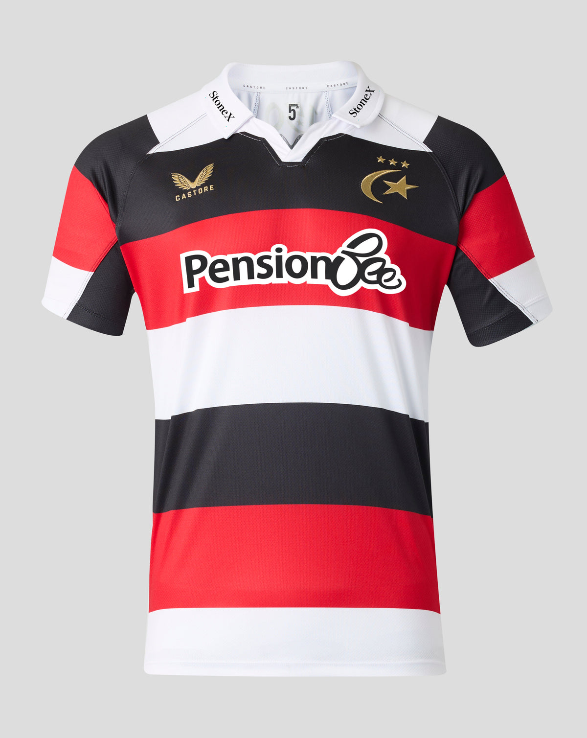 A short-sleeve rugby jersey with horizontal red, white, and black stripes, featuring the 'Pension Bee' sponsor logo across the chest, a Castore logo on the right chest, and a star emblem on the left chest, shown on a neutral gray background.