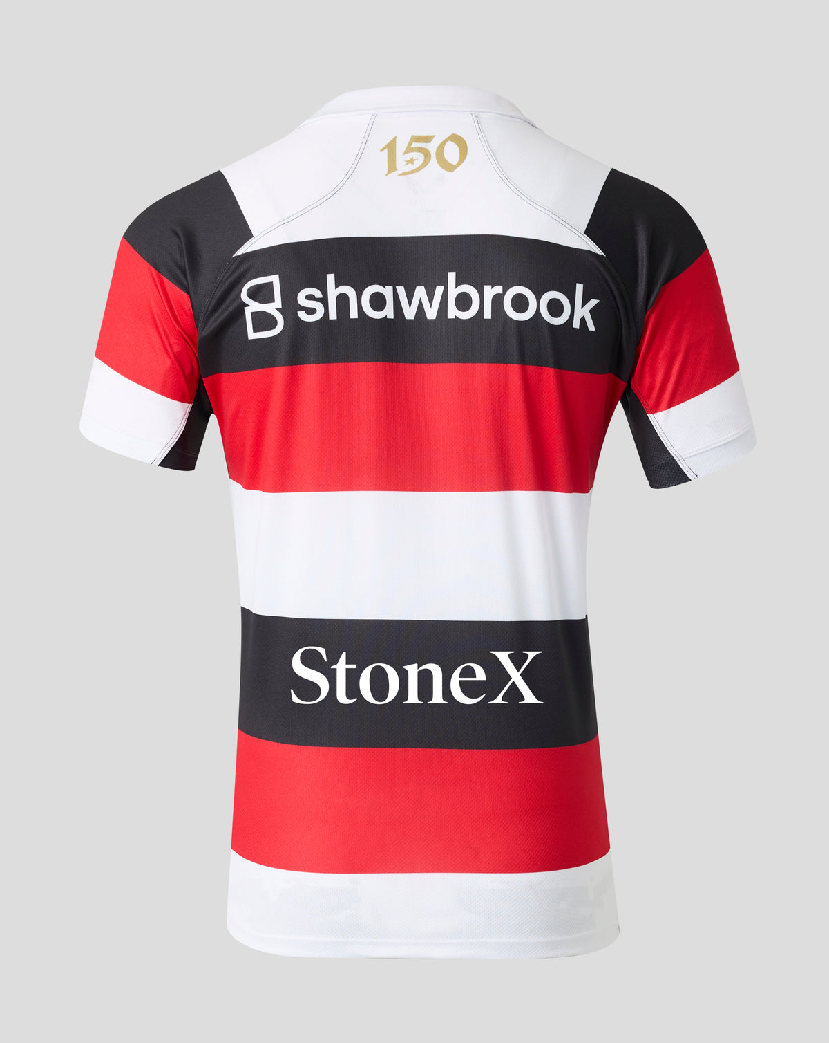 Rugby jersey back view featuring horizontal red, white, and black stripes with 'shawbrook' and 'StoneX' sponsor logos, and a gold '150' print on the neck.
