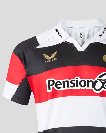 Close-up of a rugby jersey with black, red, and white horizontal stripes, featuring a gold Castore logo on the chest and a large Pension Bank sponsor logo across the front.