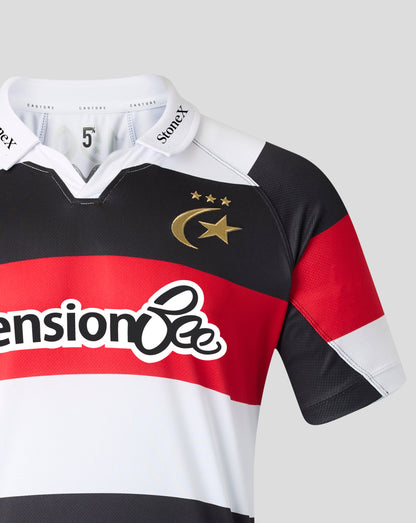 A close-up of a short-sleeve rugby jersey with a black, red, and white horizontal stripe design. The jersey features a gold crescent and star logo with three stars on the left chest, the word 'Pension Bee' across the front, and 'StoneX' on the collar.