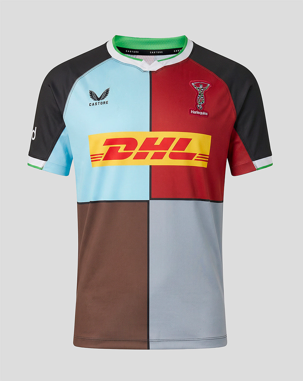 Harlequins 2026/27 home replica shirt front view with a quartered color-block design and embroidered crest