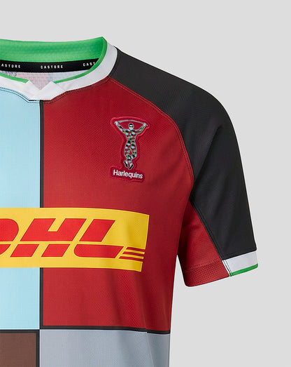 Front close-up of Harlequins 2026/27 home shirt with crest and DHL logo on a bright quartered design