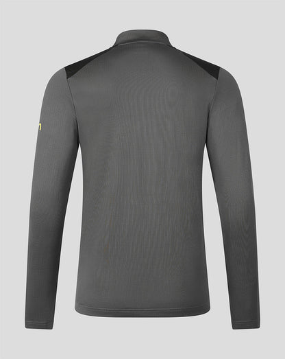 A dark gray long-sleeve athletic top shown from the back, featuring black shoulder panels and a small yellow logo on the left sleeve, set against a solid light gray background.
