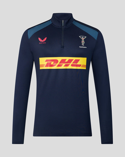 Navy long-sleeve athletic shirt with DHL logo on a gray background
