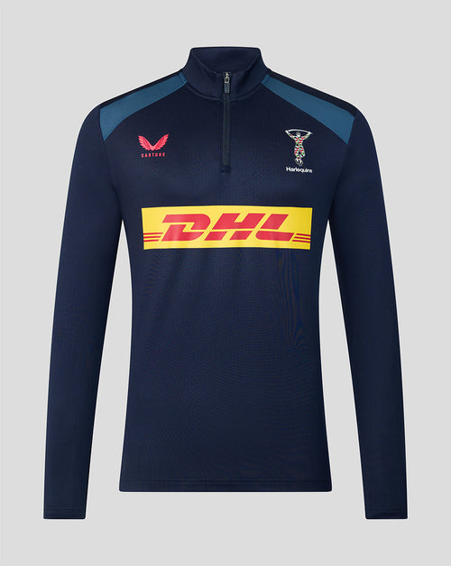 Navy long-sleeve athletic shirt with DHL logo on a gray background
