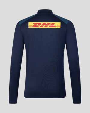Navy long-sleeve shirt with DHL logo on the back against a light gray background