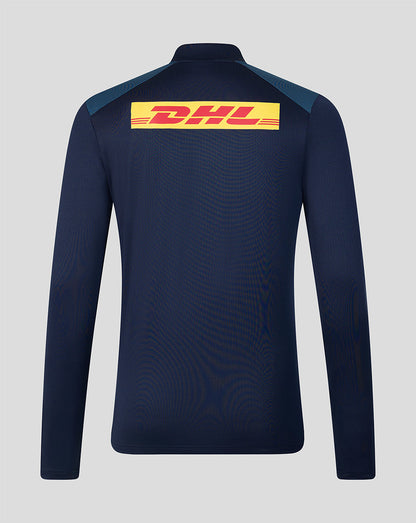 Navy long-sleeve shirt with DHL logo on the back against a light gray background