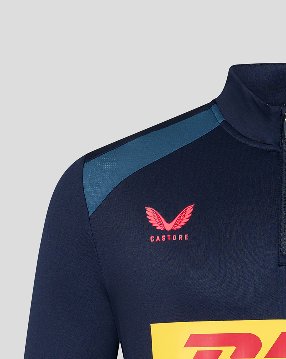 Navy sports jacket with red Castore logo and yellow DHL logo on a light gray background