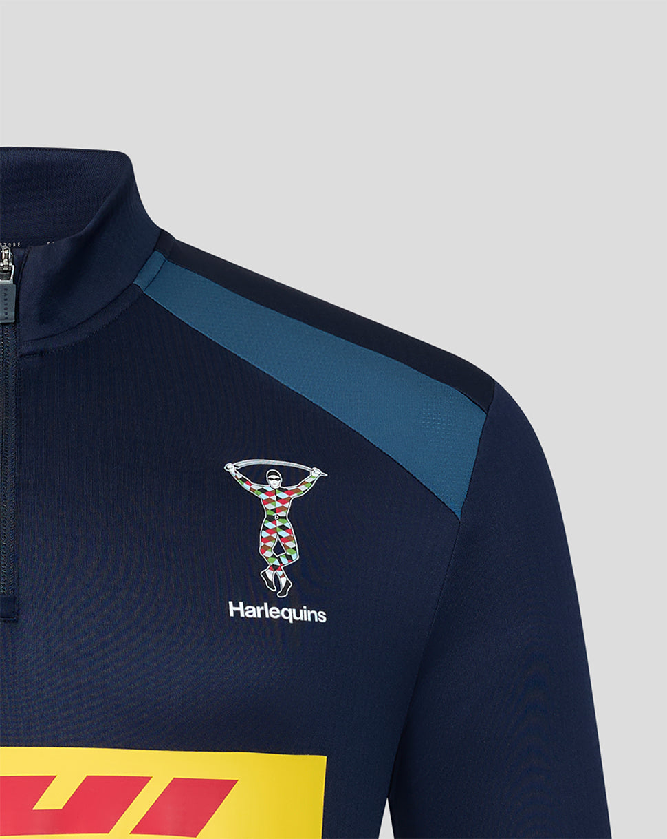 Navy sports jacket with Harlequins logo and DHL branding on a light gray background