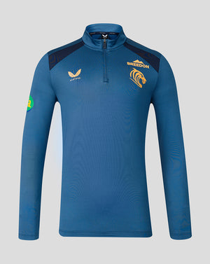 Front view of blue Leicester Tigers Training Quarter Zip Top with gold tiger crest and Castore branding, dark shoulder panels and quarter zip collar.