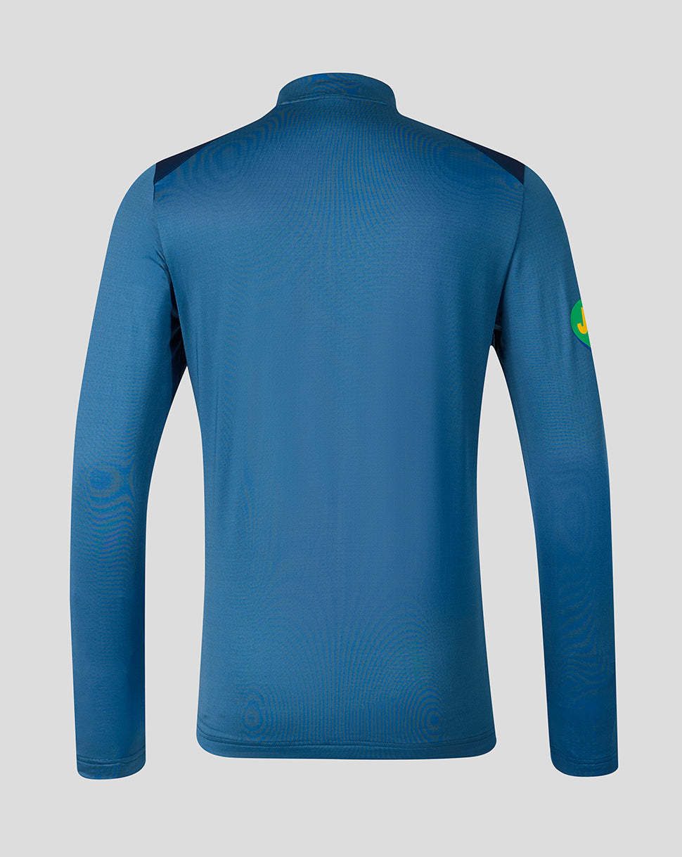 Back view of blue Leicester Tigers Training Quarter Zip Top showing dark shoulder panels and clean silhouette.