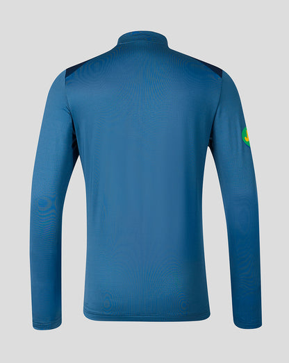 Back view of blue Leicester Tigers Training Quarter Zip Top showing dark shoulder panels and clean silhouette.