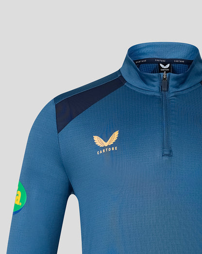 Close up of collar and chest on blue Leicester Tigers Training Top, featuring quarter zip, Castore logo and Breedon branding.
