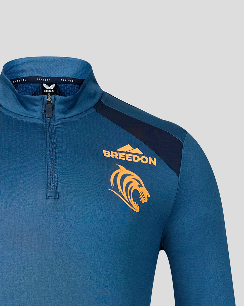 Blue Leicester Tigers training top chest with orange Breedon logo and Castore branding