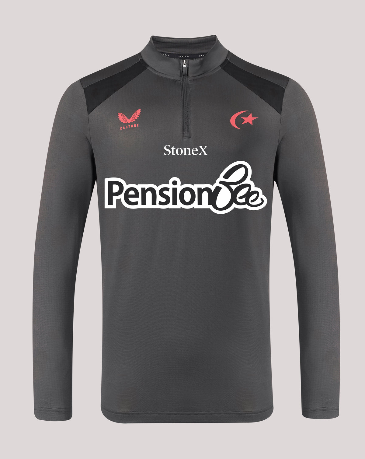 A dark gray long-sleeve athletic quarter-zip pullover with a half-placket collar, featuring the StoneX and Pension Bee sponsor logos on the front, alongside the Turkish flag emblem on the chest.