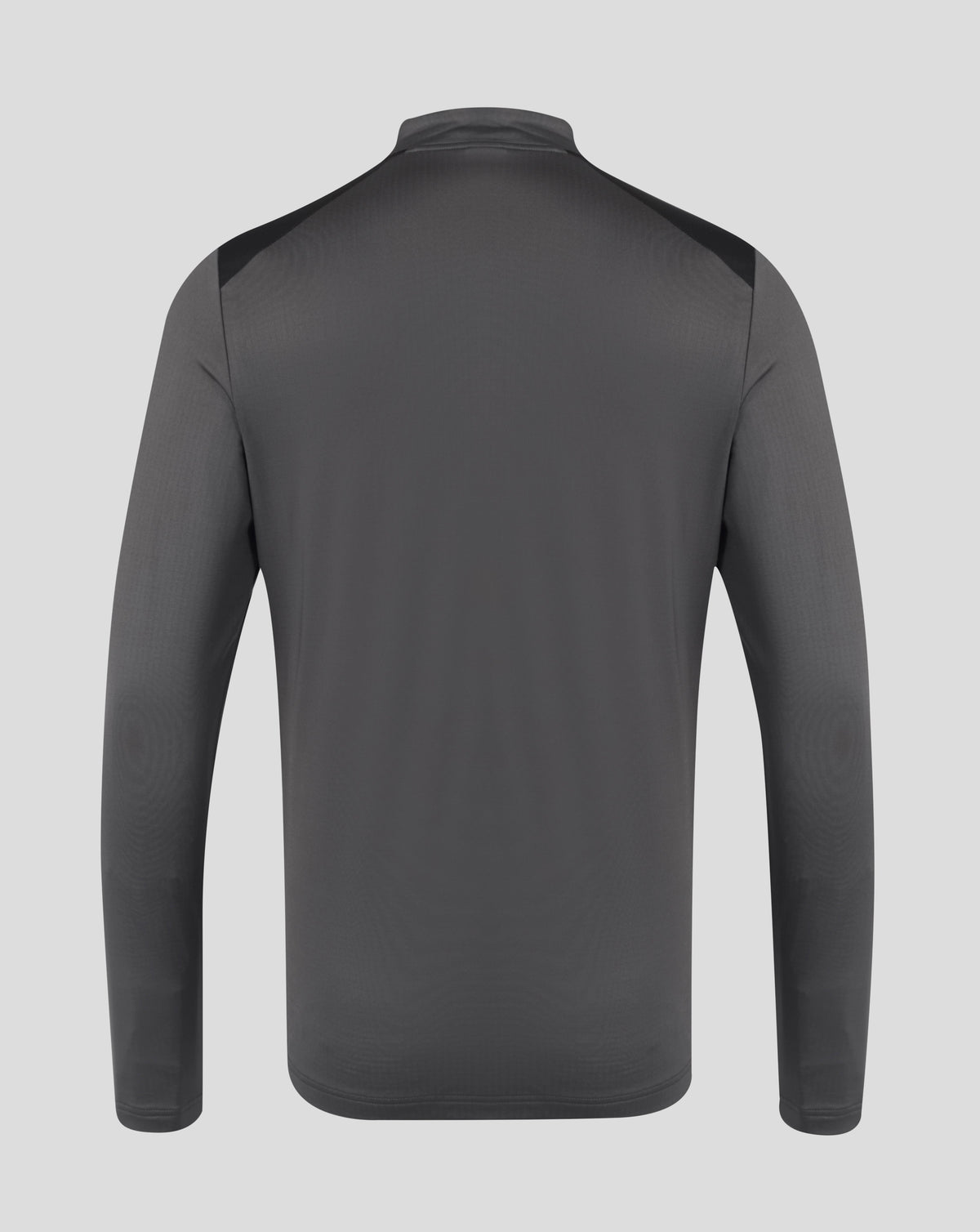 A dark gray long-sleeve athletic top shown from the back, featuring contrasting black shoulder panels, on a light gray background.