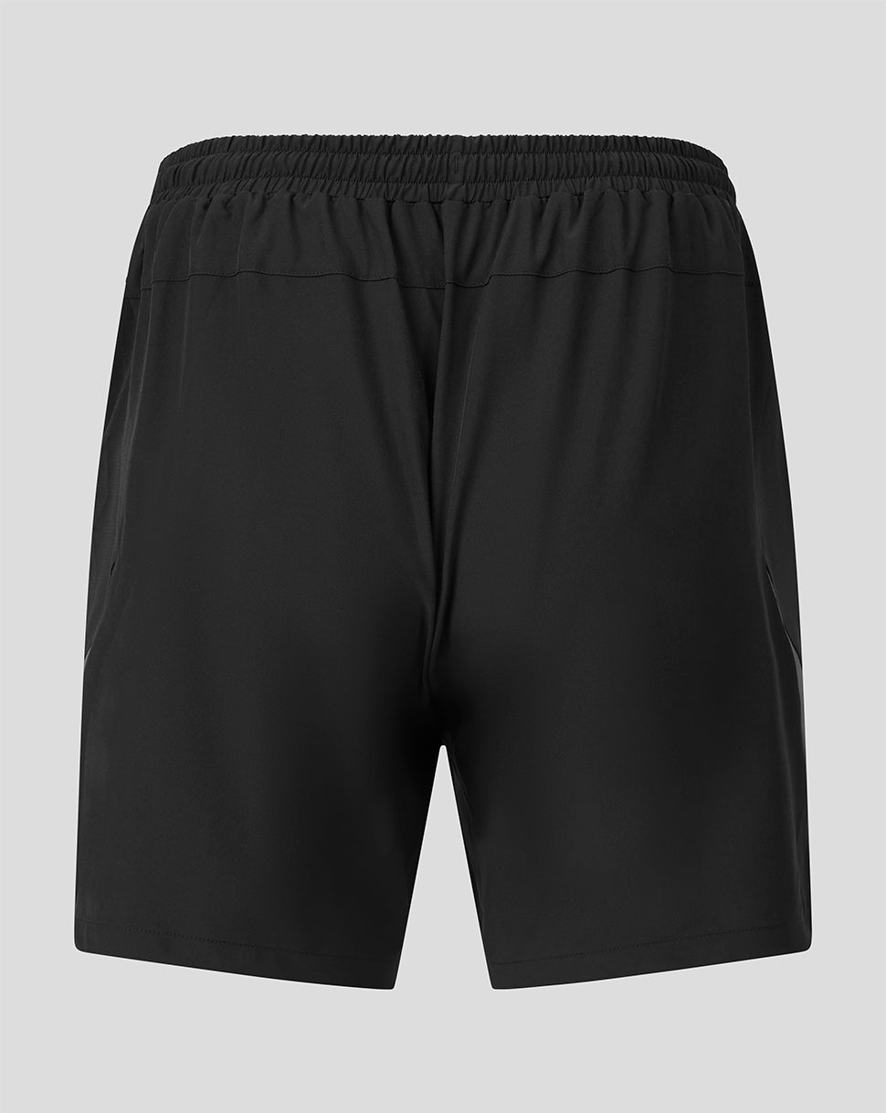 Black athletic shorts with an elastic waistband, shown from the back on a light gray background.
