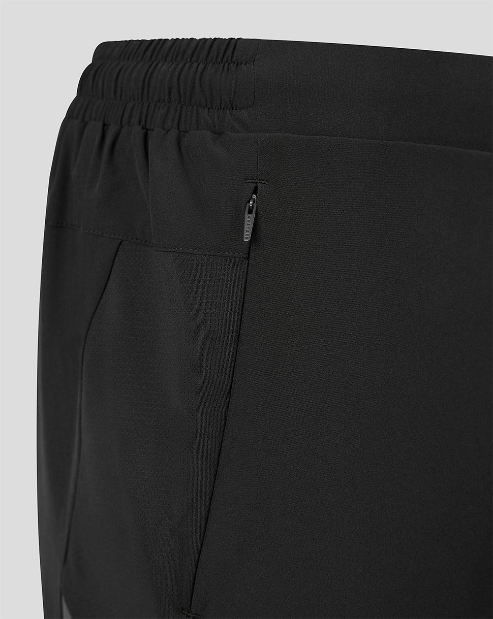 Close-up of black athletic pants showing the elastic waistband, side pocket seam, and a small zippered pocket with a dark zipper pull on a light gray background.