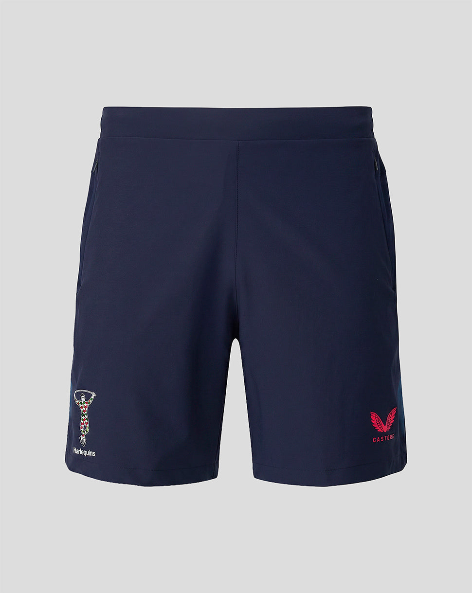 Midnight navy Harlequins training shorts with zipped pockets and logos on each leg.
