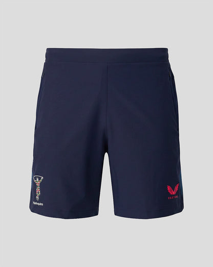 Midnight navy Harlequins training shorts with zipped pockets and logos on each leg.