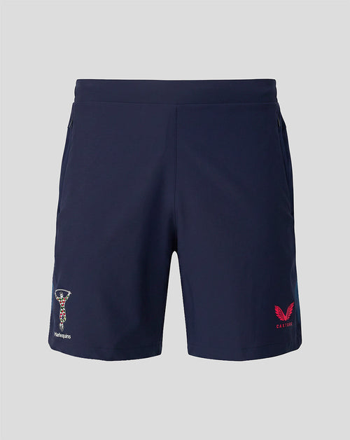 Midnight navy Harlequins training shorts with zipped pockets and logos on each leg.