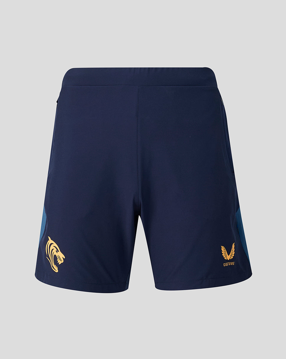 Back view of navy Leicester Tigers training shorts with gold tiger head crest on left leg and Castore logo on right leg.