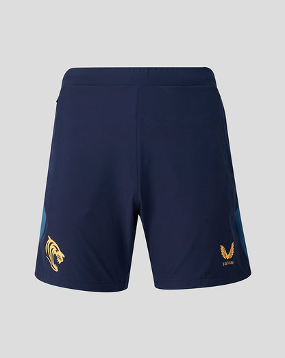 Back view of navy Leicester Tigers training shorts with gold tiger head crest on left leg and Castore logo on right leg.