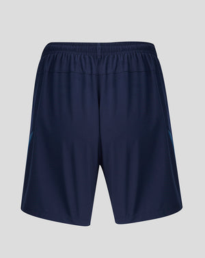 Back view of navy training shorts with teal side panels and gold tiger crest on left leg and Castore emblem on right leg.