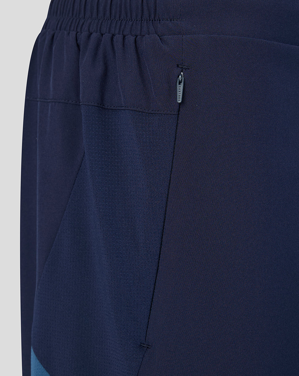 Close up of navy shorts showing a side zip pocket with blue panel and elastic waistband