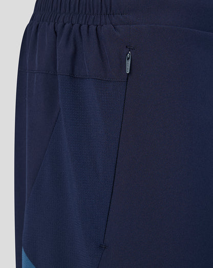 Close up of navy shorts showing a side zip pocket with blue panel and elastic waistband