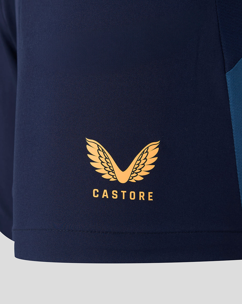 Official Leicester Tigers navy training shorts with gold Castore logo on the leg