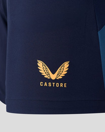Official Leicester Tigers navy training shorts with gold Castore logo on the leg