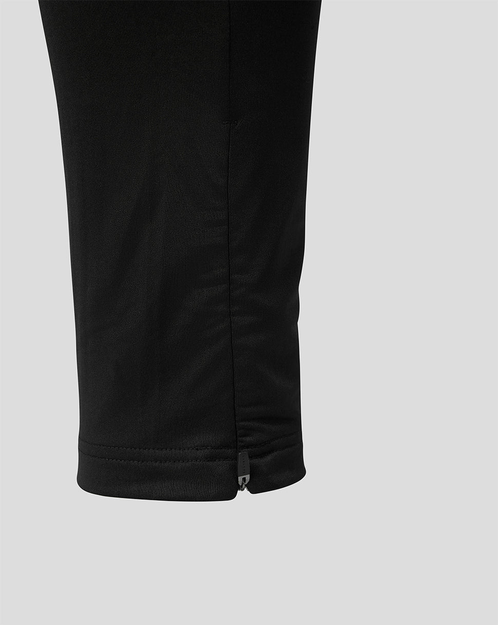 Close-up of the lower leg of black pants showing a zippered ankle cuff against a light gray background.