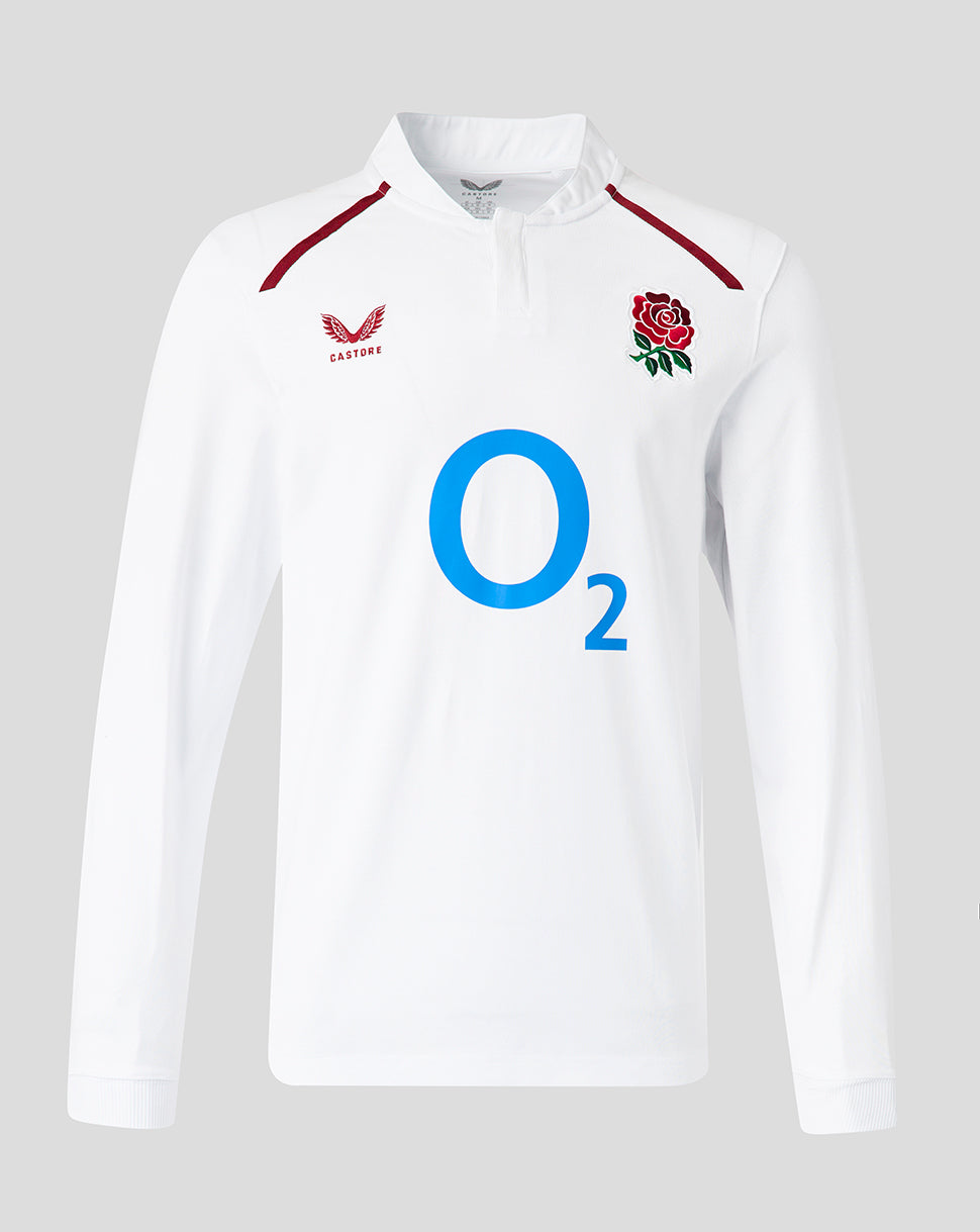 Front view of white England Rugby Women’s 26/27 Home Classic Long Sleeve Shirt with rose crest and large O2 sponsor logo