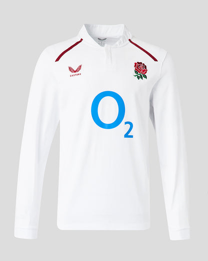 Front view of white England Rugby Women’s 26/27 Home Classic Long Sleeve Shirt with rose crest and large O2 sponsor logo