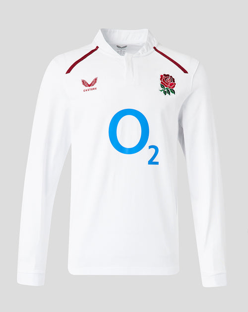 Front view of white England Rugby Women’s 26/27 Home Classic Long Sleeve Shirt with rose crest and large O2 sponsor logo