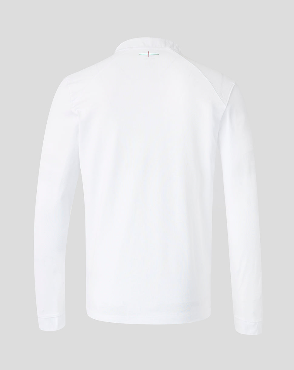 Back view of white England Rugby Women’s 26/27 Home Classic Long Sleeve Shirt with small burgundy back neck detail