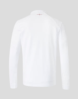 Back view of white England Rugby Women’s 26/27 Home Classic Long Sleeve Shirt with small burgundy back neck detail
