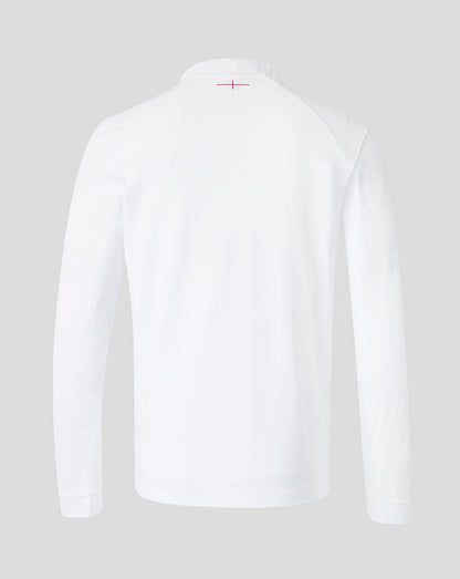 Back view of white England Rugby Women’s 26/27 Home Classic Long Sleeve Shirt with small burgundy back neck detail