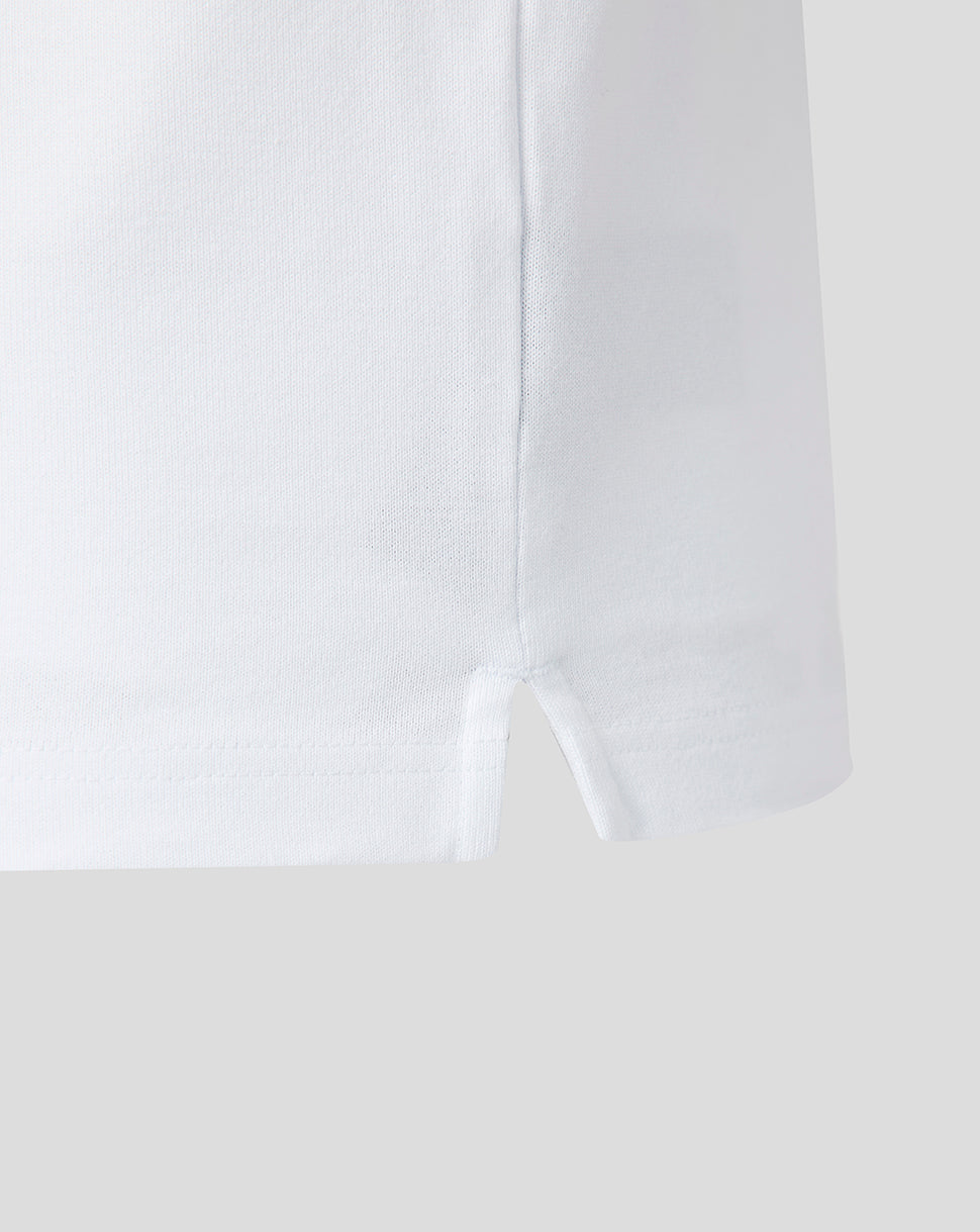Close-up of white knit sleeve hem showing ribbed cuff and small vent notch