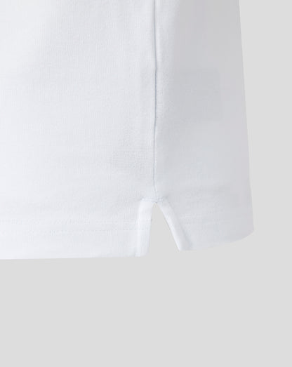 Close-up of white knit sleeve hem showing ribbed cuff and small vent notch