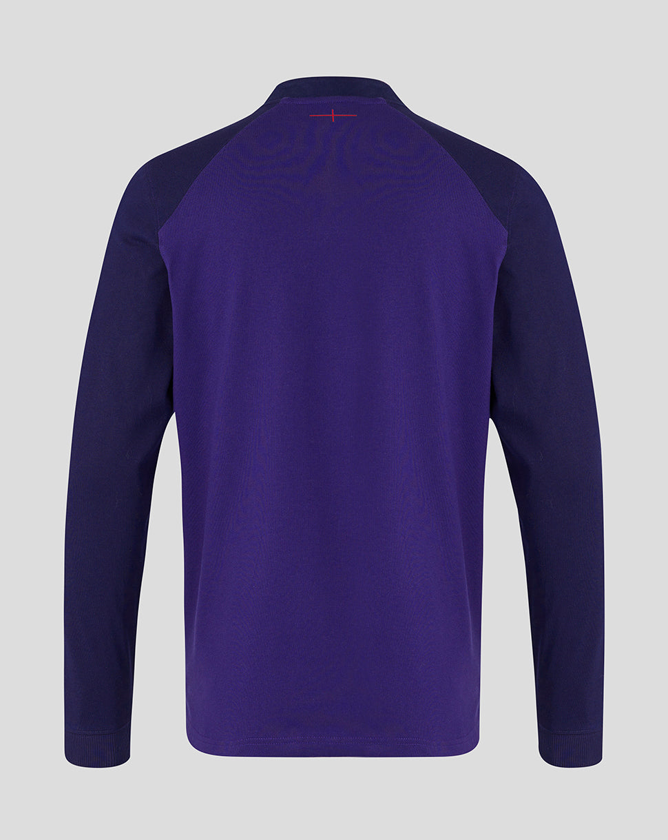 Back view of the purple England Rugby 26/27 Alternate Classic long sleeve shirt showing color block sleeves and red neck stitching