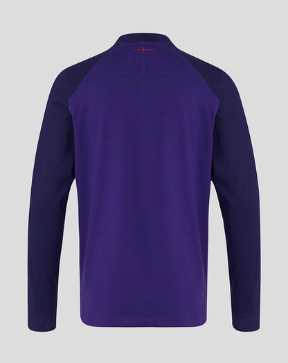 Back view of the purple England Rugby 26/27 Alternate Classic long sleeve shirt showing color block sleeves and red neck stitching
