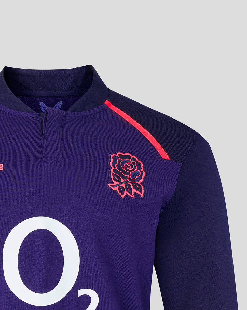 Front view of Rhodonite 26/27 Alternate Classic Long Sleeve Shirt showing inverted rose crest embroidery on chest and red shoulder stripe.