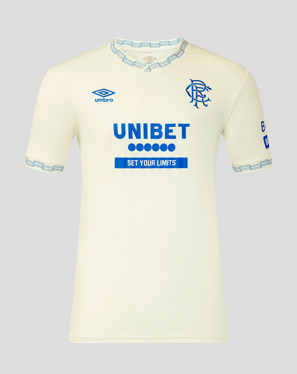 Light yellow sports jersey with blue and black text and branding on a light gray background